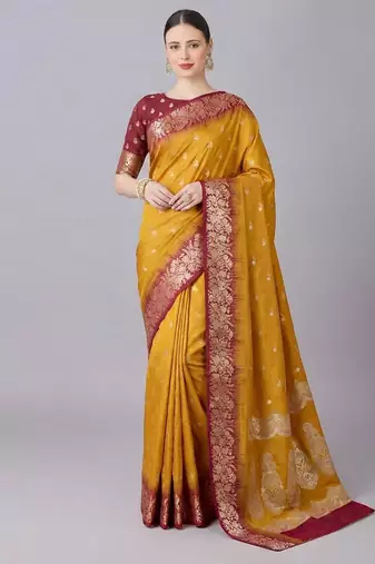 Yellow color silk blend zaro woven work sarees