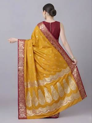 Yellow color silk blend zaro woven work sarees 2