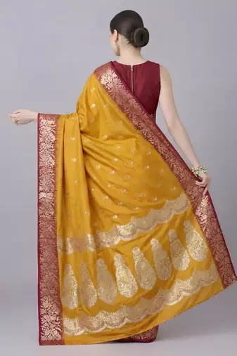 Yellow color silk blend zaro woven work sarees