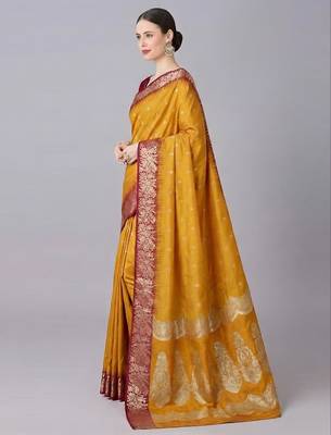 Yellow color silk blend zaro woven work sarees 3