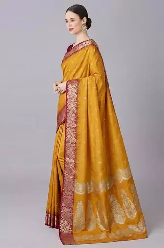Yellow color silk blend zaro woven work sarees