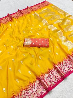 Yellow color silk blend zaro woven work sarees 4