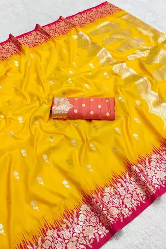 Yellow color silk blend zaro woven work sarees