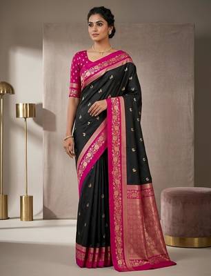Black color silk blend zari woven weaving sarees 1