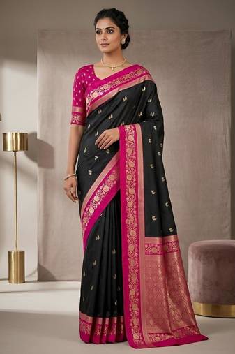 Black color silk blend zari woven weaving sarees