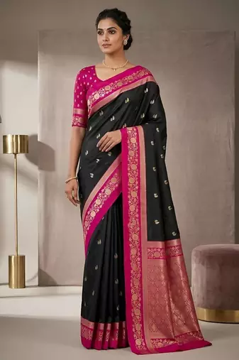 Black color silk blend zari woven weaving sarees