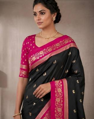 Black color silk blend zari woven weaving sarees 2