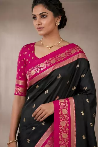 Black color silk blend zari woven weaving sarees