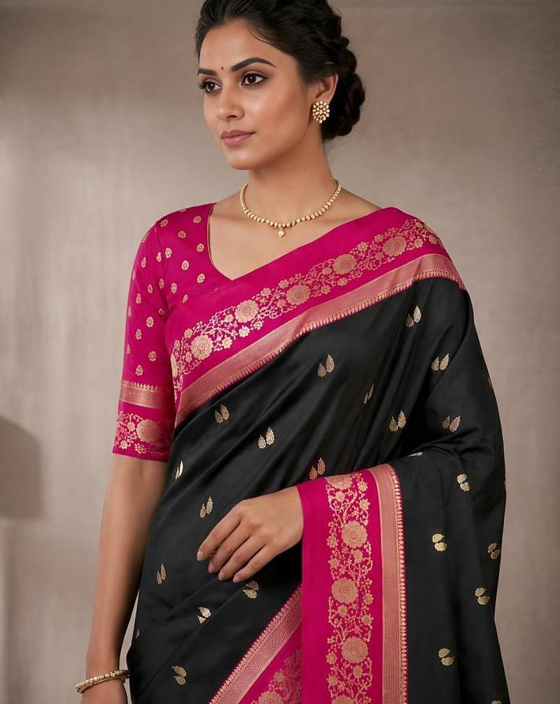 Black color silk blend zari woven weaving sarees