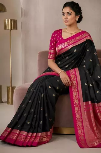 Black color silk blend zari woven weaving sarees
