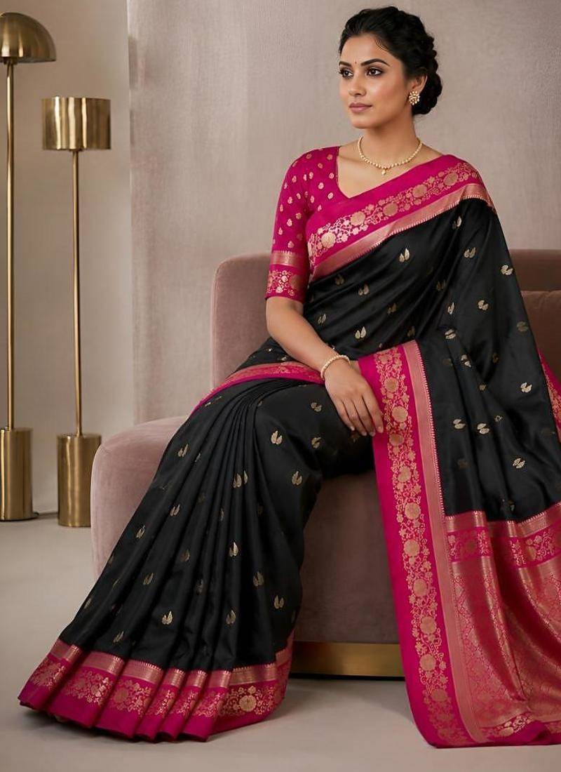Black color silk blend zari woven weaving sarees