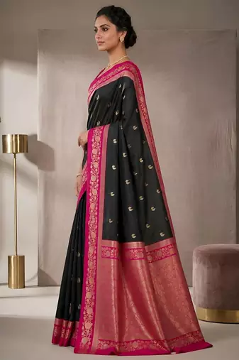 Black color silk blend zari woven weaving sarees