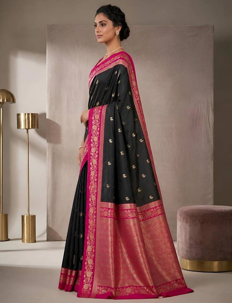 Black color silk blend zari woven weaving sarees