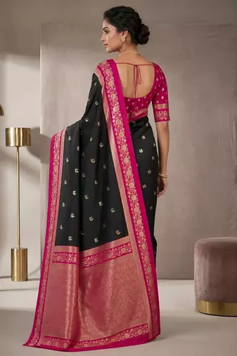 Black color silk blend zari woven weaving sarees