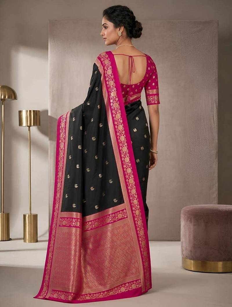 Black color silk blend zari woven weaving sarees