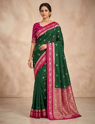 Green color silk blend zari woven weaving sarees 1