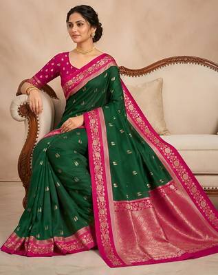 Green color silk blend zari woven weaving sarees 2