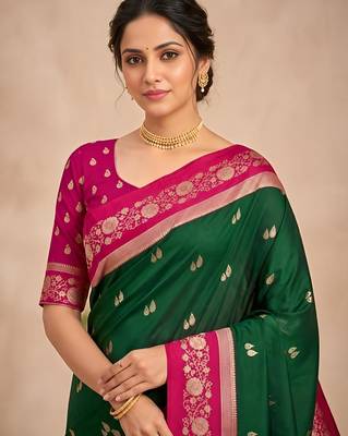 Green color silk blend zari woven weaving sarees 5