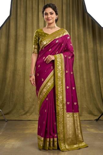 Magenta color silk blend zari woven weaving sarees