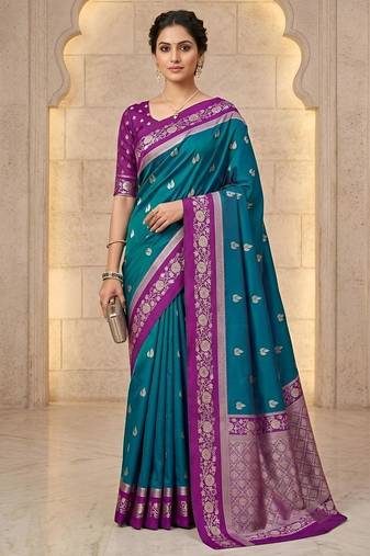 Teal color silk blend zari woven weaving sarees