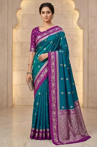 Teal color silk blend zari woven weaving sarees