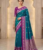 Teal color silk blend zari woven weaving sarees