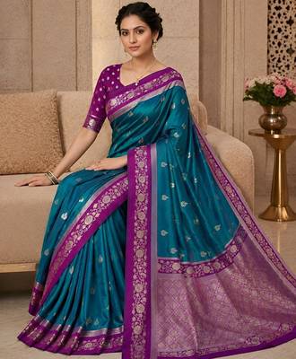 Teal color silk blend zari woven weaving sarees 2