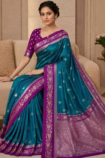 Teal color silk blend zari woven weaving sarees