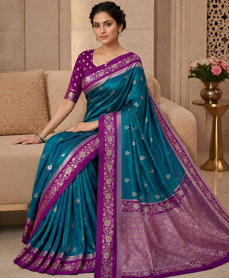 Teal color silk blend zari woven weaving sarees