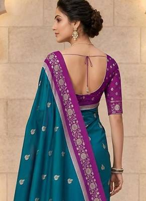Teal color silk blend zari woven weaving sarees 3