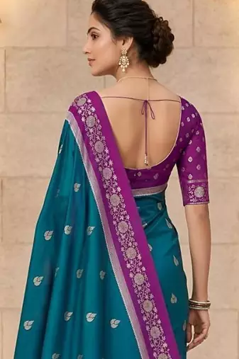 Teal color silk blend zari woven weaving sarees