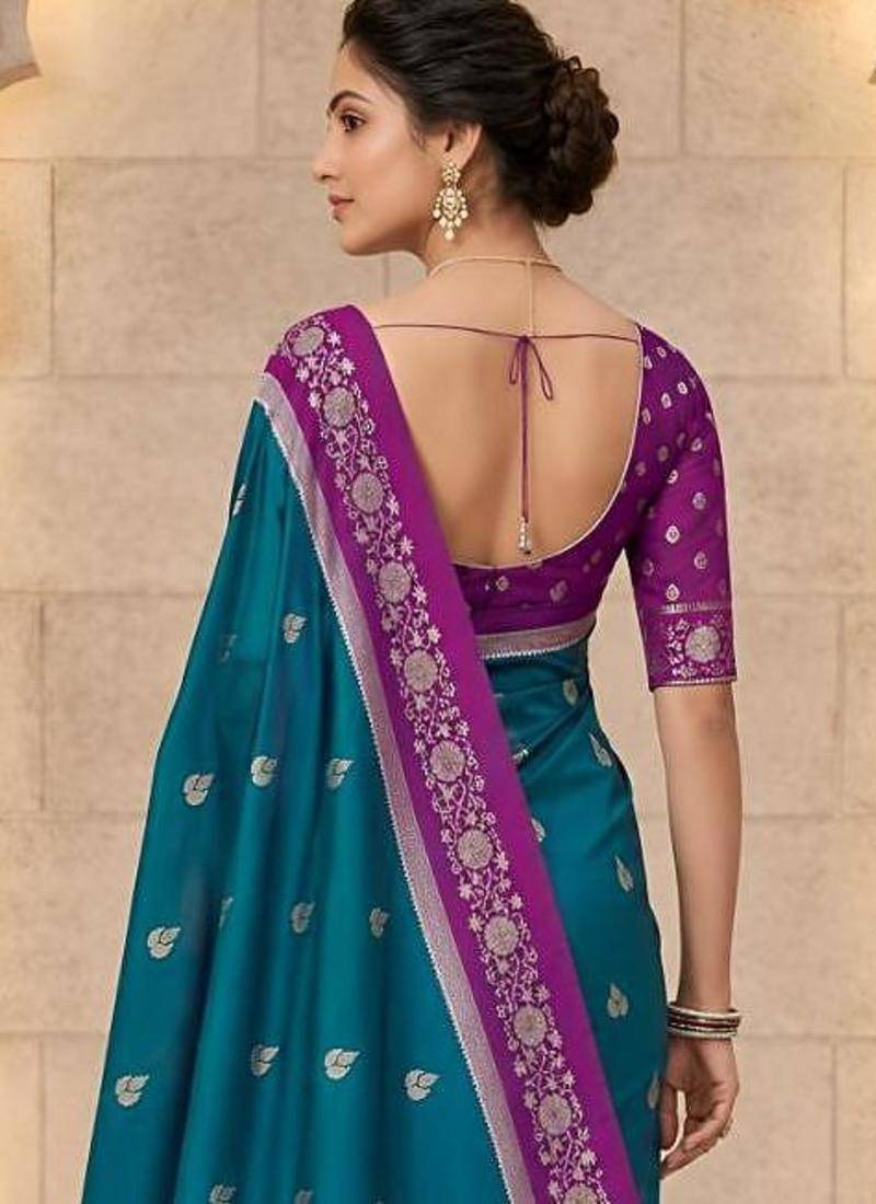 Teal color silk blend zari woven weaving sarees