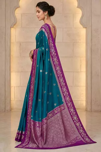 Teal color silk blend zari woven weaving sarees
