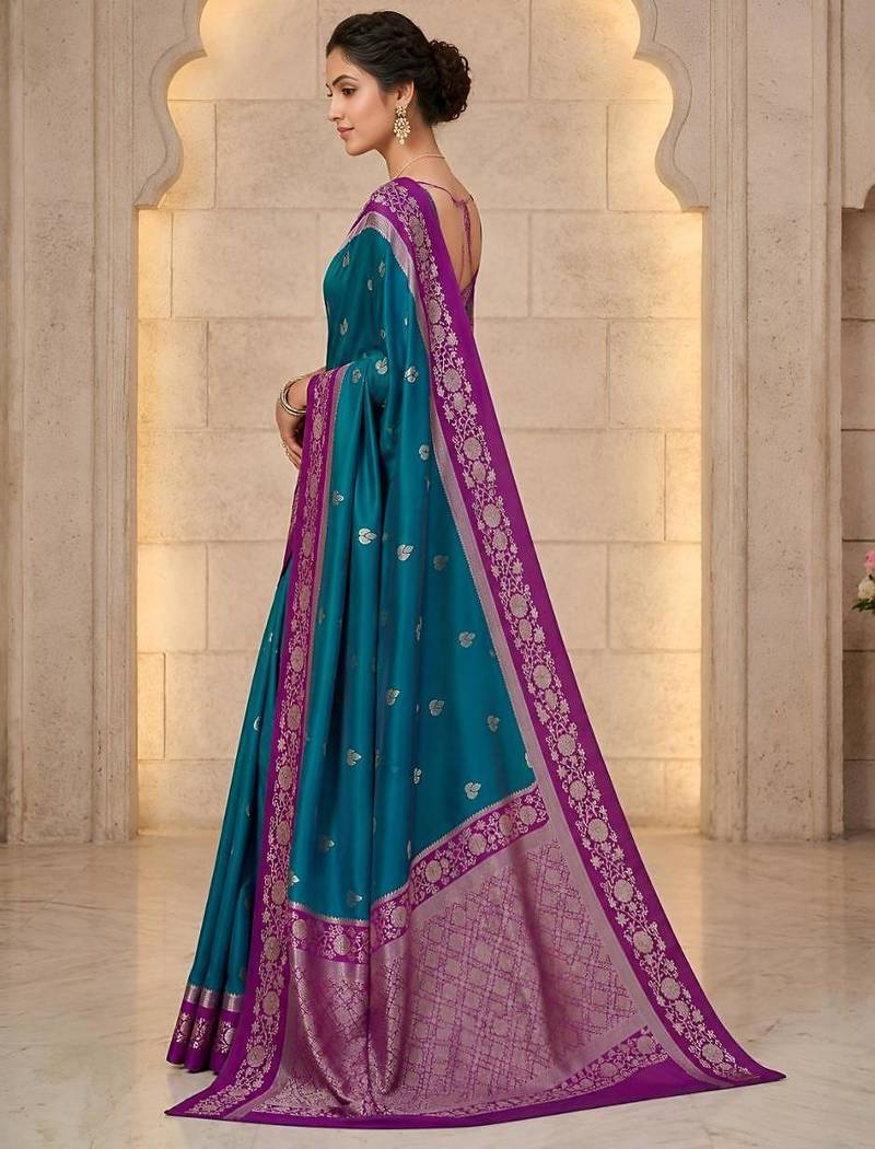 Teal color silk blend zari woven weaving sarees