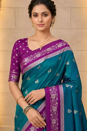 Teal color silk blend zari woven weaving sarees