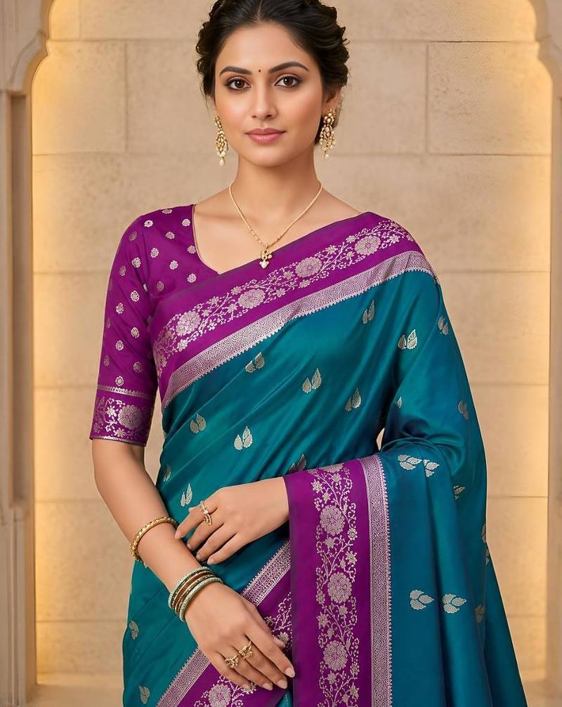 Teal color silk blend zari woven weaving sarees
