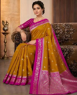 Mustard color silk blend zari woven weaving sarees 1