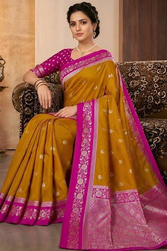 Mustard color silk blend zari woven weaving sarees