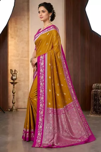 Mustard color silk blend zari woven weaving sarees