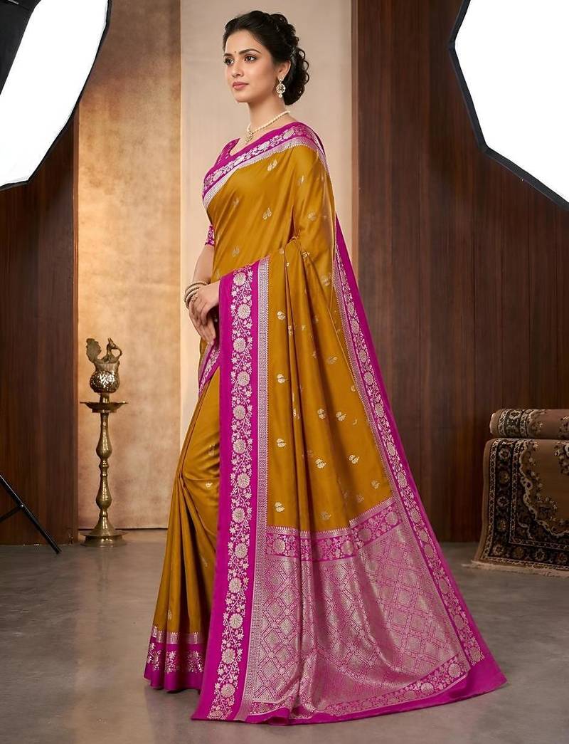 Mustard color silk blend zari woven weaving sarees