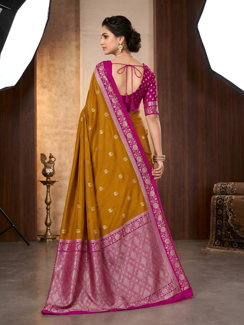 Mustard color silk blend zari woven weaving sarees