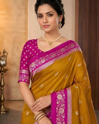 Mustard color silk blend zari woven weaving sarees 5