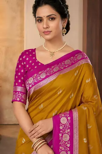 Mustard color silk blend zari woven weaving sarees