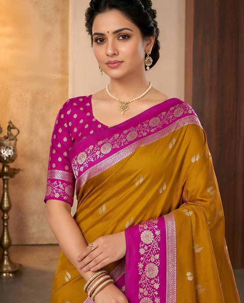 Mustard color silk blend zari woven weaving sarees