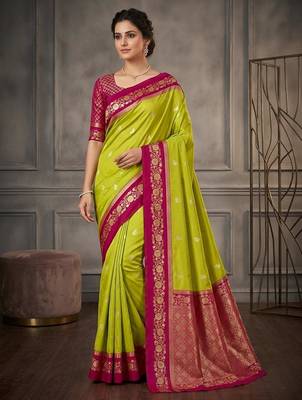 Parrot green color silk blend zari woven weaving sarees 1