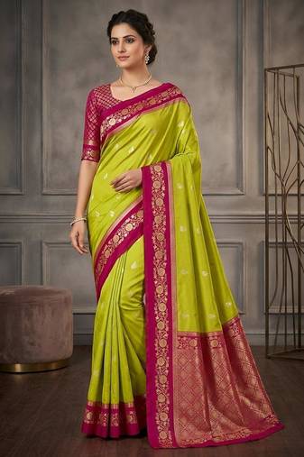 Parrot green color silk blend zari woven weaving sarees