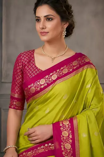 Parrot green color silk blend zari woven weaving sarees