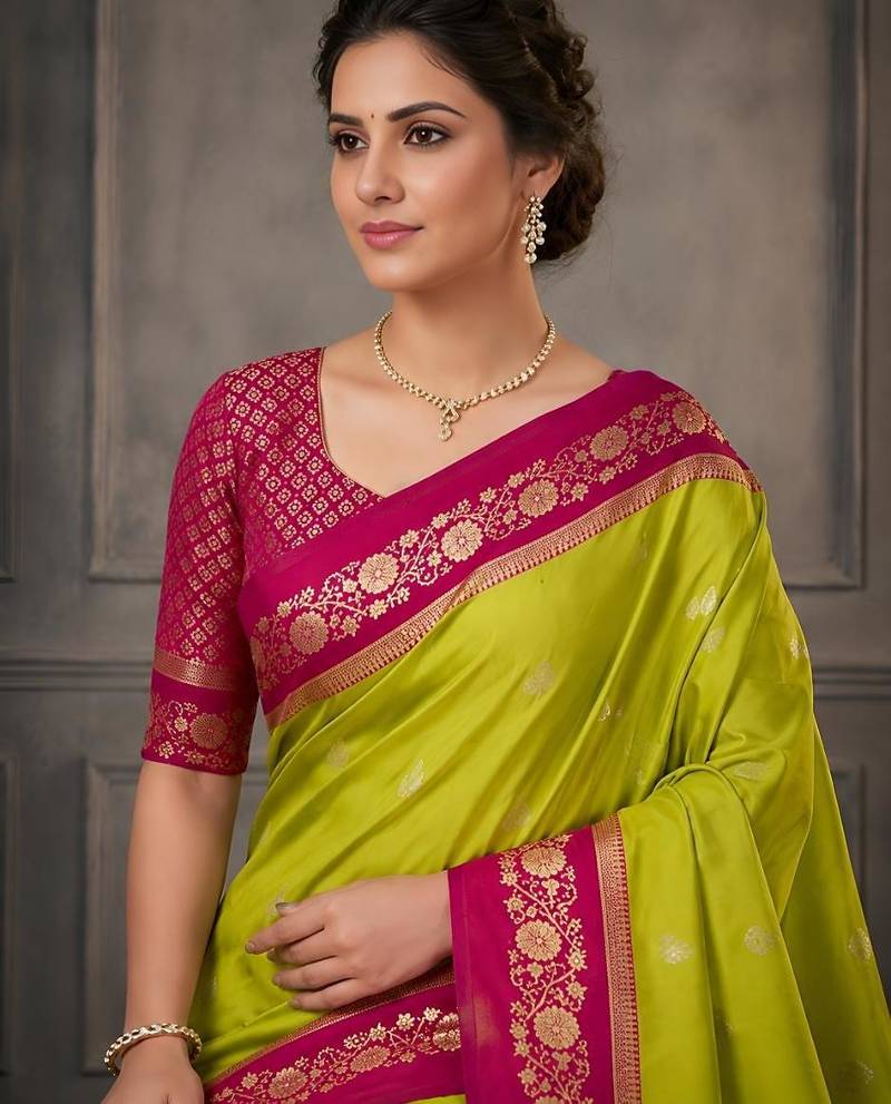 Parrot green color silk blend zari woven weaving sarees