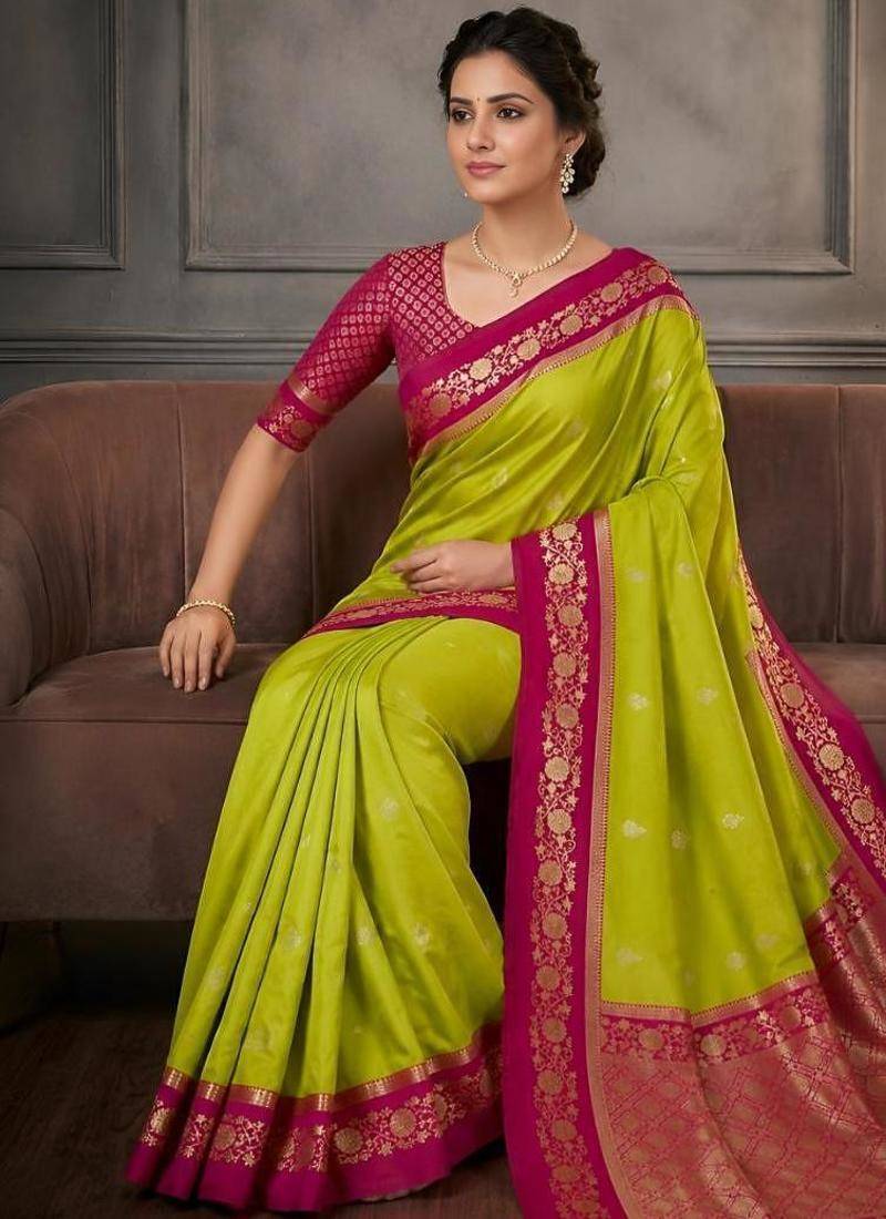 Parrot green color silk blend zari woven weaving sarees