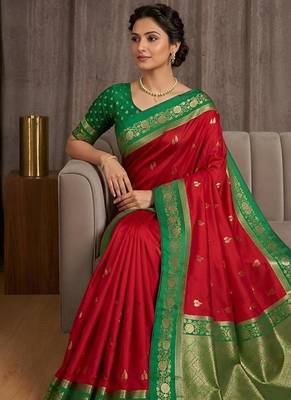 Red  color silk blend zari woven weaving sarees 5